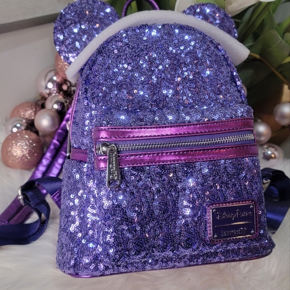Set of 4!Purple Sequin Loungefly Backpack 2pairs of Ears&Wallet - Picture 8 of 13